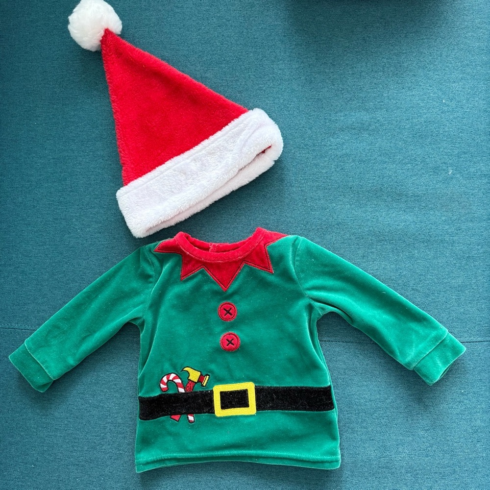 Green Elf Top and Red Santa Hat